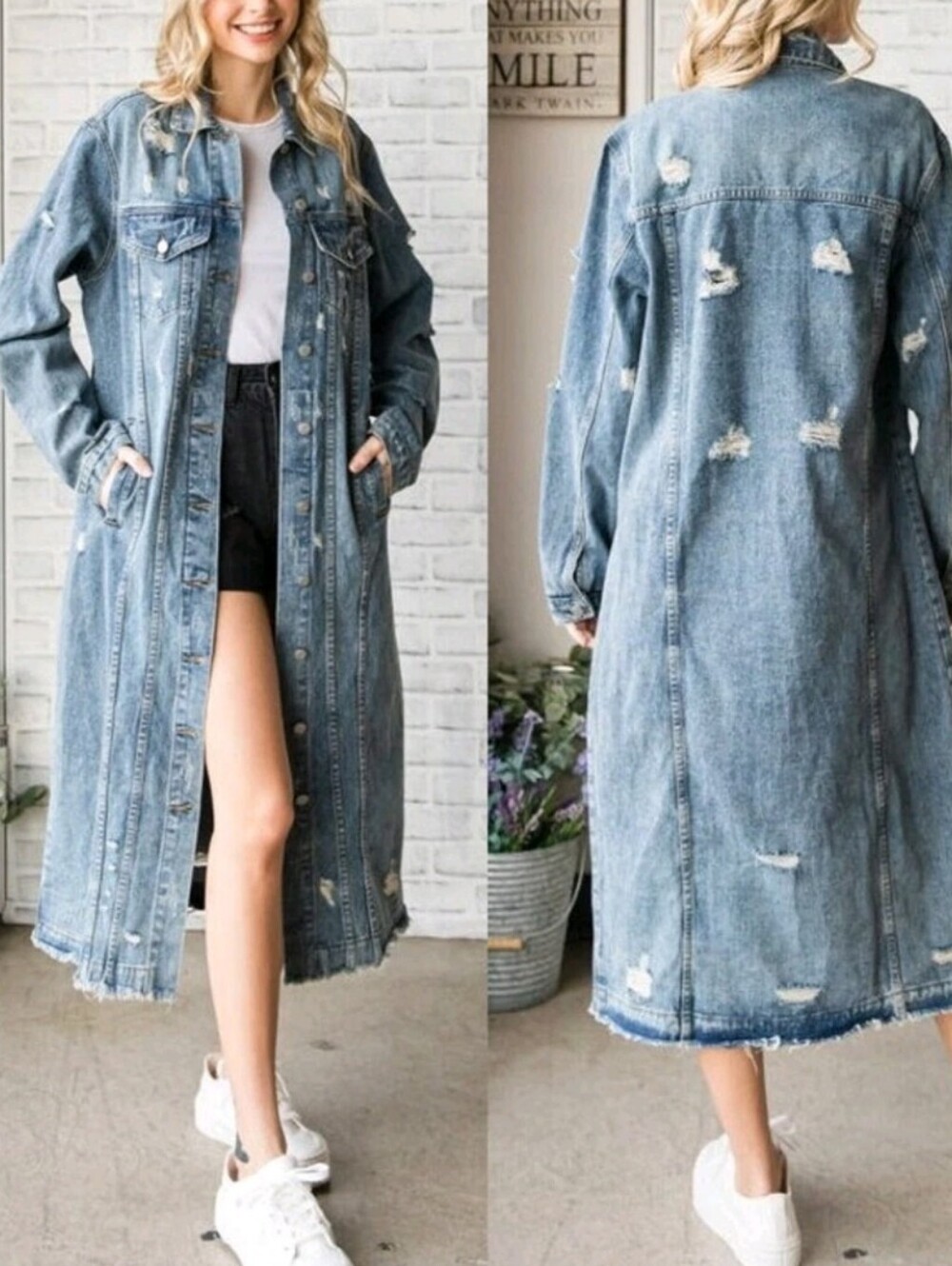 Distressed Long Light Wash Denim Trench Coat